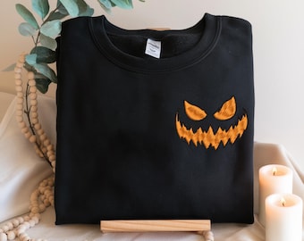 Embroidered Halloween Pumpkin Face Sweatshirt, Embroidered Jackolantern Pullover, Tonal Spooky Season Sweater, Trendy Fall Apparel, Unisex