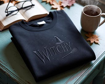 Embroidered Witchy Halloween Sweatshirt, Unisex Garment-Dyed Wiccan Shirt