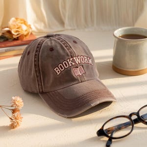 Embroidered Bookworm Two Tone Baseball Hat, Book Lover Hat  display picture 3