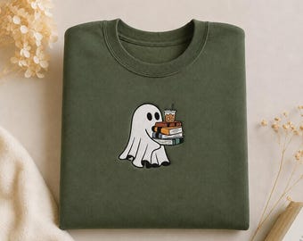 Embroidered Ghost Reading Books Sweatshirt, Fall Book Club Crewneck, Halloween Shirt