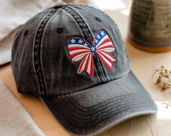 Embroidered Patriotic Bow Hat, America Washed Cotton Cap