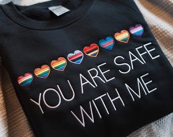 Embroidered LGBT Heart Shirt, You Are Safe With Me, Pride Flag Shirt