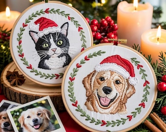 Embroidered Pet Portrait Christmas Ornament with Santa Hat, Custom Dog Gift