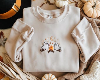 Cute Ghosts Camping Embroidered Sweatshirt, Spooky Season Outdoors Gifts, Halloween Vintage Embroidery Tshirt