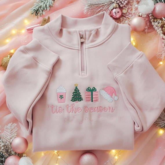 Sweat-shirt zippé un quart de Noël brodé C&#39;est la saison, col rond des Fêtes rose-vert, joli cadeau de fête avec un caféier, tenue d&#39;hiver