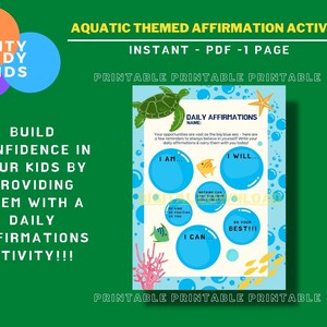 Aquatic Themed Affirmations Activity - Digital Download - Affirmations for Kids - Beach/Summer/Sea graphics - PDF Instant Download