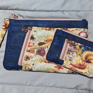 Cartera de mano de concha de mar hecha a mano con corcho y algodón