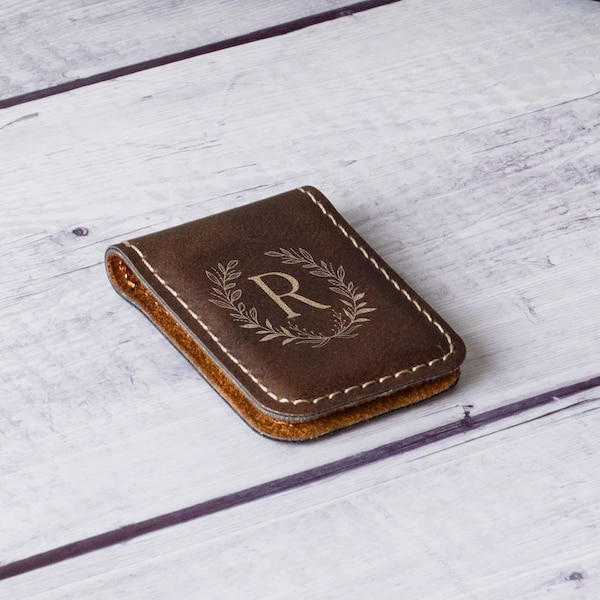Personalized Engravable Leather Magnetic Money Clip For Men, Custom Leather Slim Minialistic Money Clip Dark Brown Wallet For Groomsmen