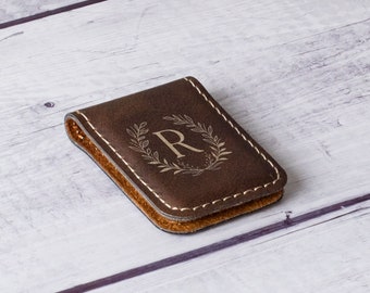 Personalized Engravable Leather Magnetic Money Clip For Men, Custom Leather Slim Minialistic Money Clip Dark Brown Wallet For Groomsmen