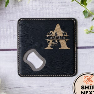Personalized Leather Bottle Opener Coaster: Engraved Gift for Beer Lovers