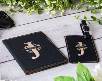 Personalized Monogram Leather Passport Cover and Luggage Tag Set, Custom Leather Passport Holder and Luggage Tag, Personalized Travel Gift