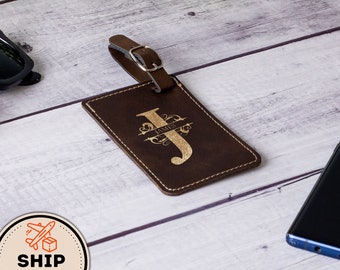 Étiquette de bagage en cuir gravée d&#39;un monogramme personnalisée, étiquette de bagage en cuir noir personnalisée pour demoiselle d&#39;honneur en mariage, idées cadeaux de voyage