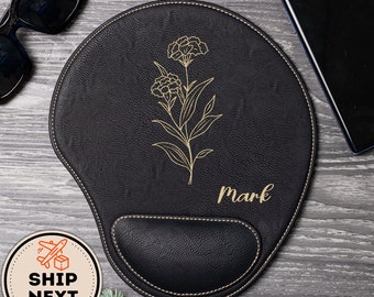 Personalized Laser Engraved Leather Mouse Pad, Custom Mouse Pad with Wrist Rest, Birth Flower Mouse Pad, Office Gifts, Colleague gift