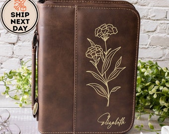 Custom Engraved Leather Book Cover With Zipper, Personalized Birth Flower Leather Hardback Book Cover For Women and Men, Bible Cover Gift