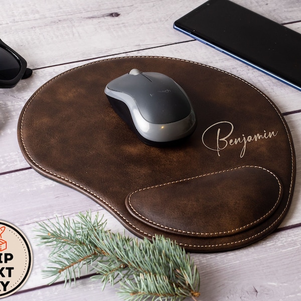 Tapis de souris en cuir personnalisé gravé au laser, tapis de souris personnalisé avec repose-poignet, tapis de souris artistique marron pour cadeaux de bureau