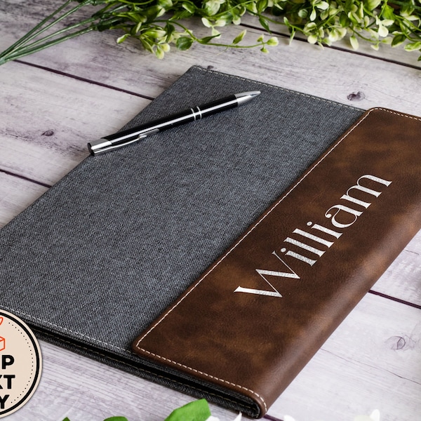 Portafolio de cuero grabado con láser personalizado para hombres y mujeres, estuche de carpeta de archivos de cartera hecho a mano con arte de cuero monograma con bloc legal