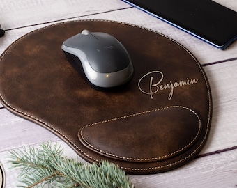Personalized Laser Engraved Leather Mouse Pad, Custom Mouse Pad with Wrist Rest, Brown Art Mouse Pad For Office Gifts