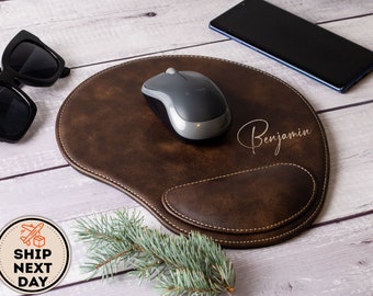 Tapis de souris en cuir personnalisé gravé au laser, tapis de souris personnalisé avec repose-poignet, tapis de souris artistique marron pour cadeaux de bureau