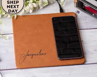Personalized Leather Charging Mat, Leather Charger Mat, Custom Charging Pad, Wireless Phone Charger, Coworker Gift, Office Gifts, Boss Gift