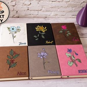 Personalized Leather Journal For Men and Women, Custom Prayer Journal, Custom Print Birth Flower Notebook, Birth Month Travel Journal