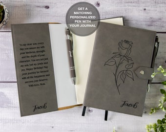 Personalized Engraved Refillable Leather Journal With Pen, Customized Birth Flower Leather Notebook and Pen Set, Custom Diary for Women