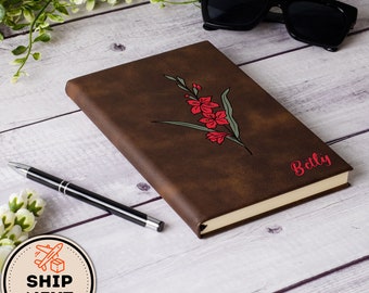 Personalized Birth Flower Leather Sketchbook, Custom Leather Unlined Journal, Handmade Artist Sketchbook, Unlined Vintage Leather Notebook