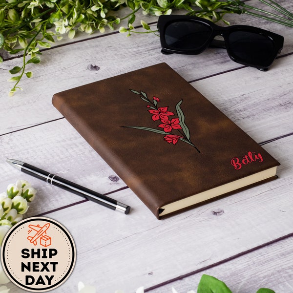 Personalized Birth Flower Leather Sketchbook, Custom Leather Unlined Journal, Handmade Artist Sketchbook, Unlined Vintage Leather Notebook