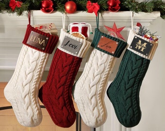 2023 Christmas Stockings With Name, Family Christmas Stocking, Custom Christmas Knitted Stockings, Personalized Stocking with Leather Patch