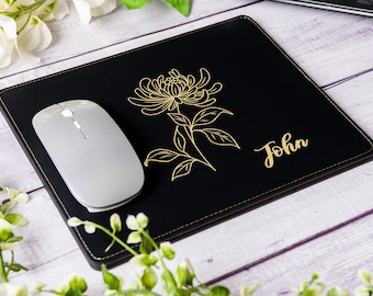 Personalized Engraved Birth Flower Leather Mouse Pad, Customized MousePad, Coworker gift, Boss Gift, Office Gift, Gift For Mom, Gift For Dad