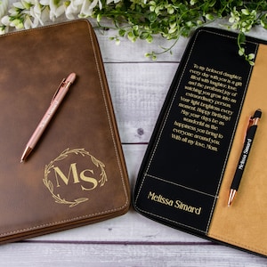 Portafolio de cuero con cremallera personalizado con bolígrafo y bloc, Portafolio de cuero con grabado personalizado, Bloc de notas con letras, Regalos personalizados para colegas