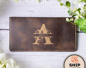 Couverture de chéquier personnalisée en cuir monogramme, couverture de chéquier en double personnalisée pour femme et homme, cadeau de bureau et de collègue