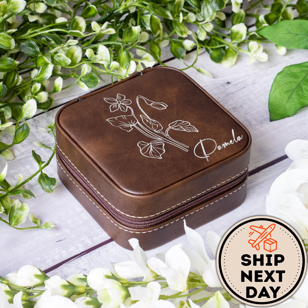 Personalized Birth Flower Leather Travel Jewelry Box, Custom Travel