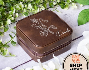 Personalized Birth Flower Leather Travel Jewelry Box, Custom Travel Jewelry Box With Names, Small Jewelry Box For Bridesmaid Gift