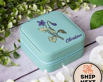Personalized Birth Flower Leather Travel Jewelry Box, Custom Print Travel Jewelry Box With Names, Small Jewelry Box For Bridesmaid Gift