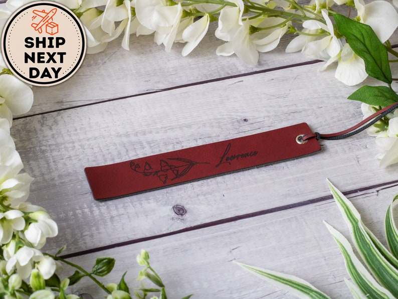 Personalized Leather Birth Flower Bookmark, Custom Engraved Quote & Initials Bookmark, BookWorm and Book Lover Gift, Birth Flower Gift Indian Red