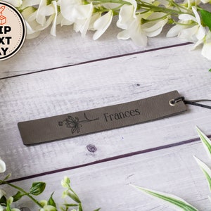 Personalized Leather Birth Flower Bookmark, Custom Engraved Quote & Initials Bookmark, BookWorm and Book Lover Gift, Birth Flower Gift Grey