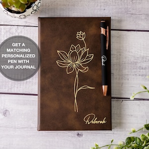 Carnet de notes et stylo en cuir gravés personnalisés pour femme, Ensemble de carnet et stylo en cuir avec fleur de naissance personnalisée, Carnet de notes personnalisé pour femme