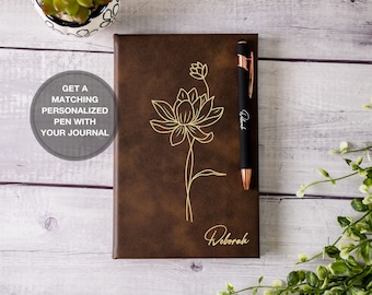 Carnet de notes et stylo en cuir gravés personnalisés pour femme, Ensemble de carnet et stylo en cuir avec fleur de naissance personnalisée, Carnet de notes personnalisé pour femme