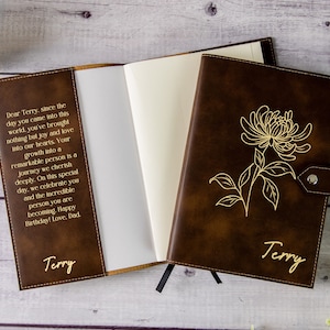 Personalized Engraved Leather Journal With Clasp, Customized Birth Flower Notebook, Custom Diary for Women, Mother's Day Gift, Gift for Mom