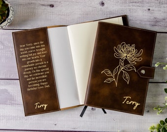 Personalized Engraved Leather Journal With Clasp, Customized Birth Flower Notebook, Custom Diary for Women, Mother's Day Gift, Gift for Mom
