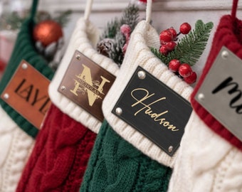 Personalized Christmas Stocking with Leather Patch, Custom Knitted Stocking, 2024 Family Christmas Stockings, Christmas Stockings With Name