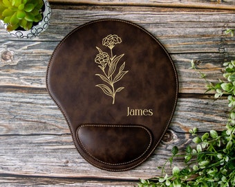 Personalized Engraved Birth Flower Leather Mouse Pad, Customized Ergonomic MousePad with Wrist Rest, Coworker gift, Boss Gift, Office Gift