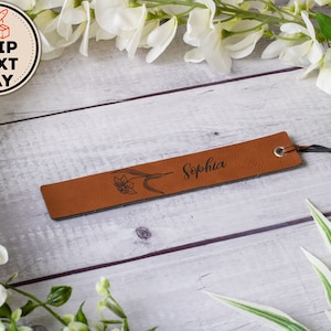 Personalized Leather Birth Flower Bookmark, Custom Engraved Quote & Initials Bookmark, BookWorm and Book Lover Gift, Birth Flower Gift Rawhide