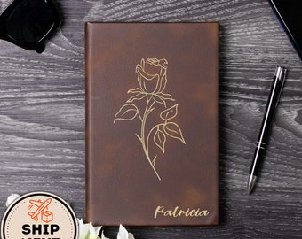Personalized Engraved Leather Journal For Men and Women, Custom Prayer Journal, Custom Birth Flower Notebook, Birth Month Travel Journal