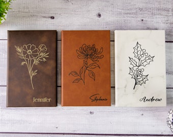 Personalized Engraved Leather Journal For Women, Customized Birth Flower Notebook, Custom Diary for Women, Mother's Day Gift, Gift for Mom