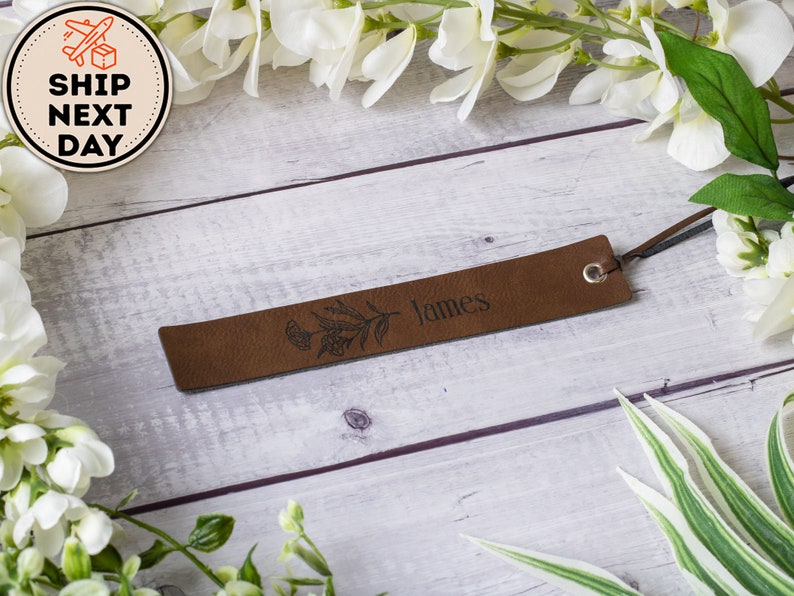 Personalized Leather Birth Flower Bookmark, Custom Engraved Quote & Initials Bookmark, BookWorm and Book Lover Gift, Birth Flower Gift Dark Brown