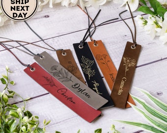 Personalized Leather Birth Flower Bookmark, Custom Engraved Quote & Initials Bookmark, BookWorm and Book Lover Gift, Birth Flower Gift