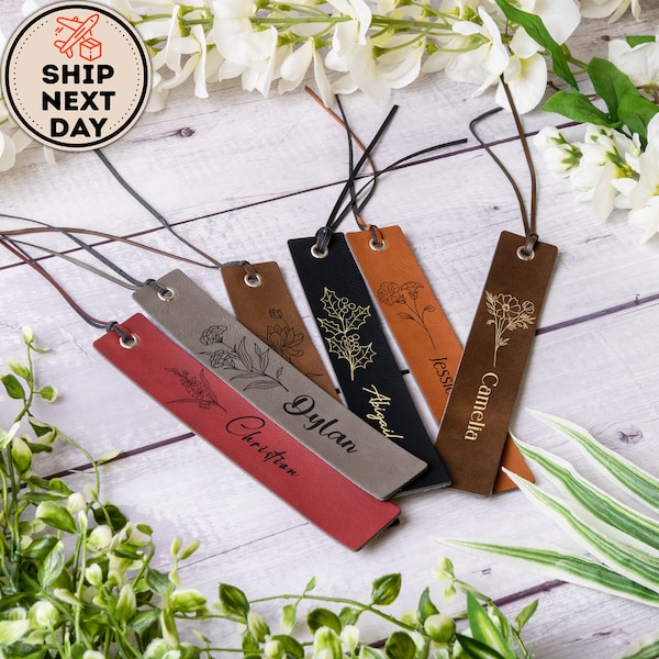 Personalized Leather Birth Flower Bookmark, Custom Engraved Quote & Initials Bookmark, BookWorm and Book Lover Gift, Birth Flower Gift