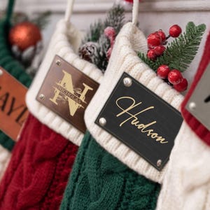 Personalized Christmas Stockings 2025 with Name | Custom Family Christmas Stockings | Knitted Stocking with Leather Patch
