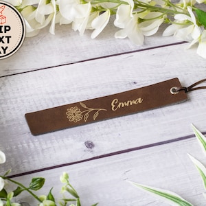 Personalized Leather Birth Flower Bookmark, Custom Engraved Quote & Initials Bookmark, BookWorm and Book Lover Gift, Birth Flower Gift Rustic/Gold